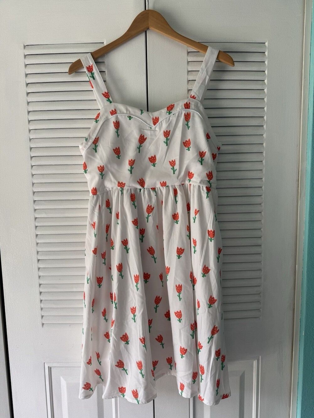 Tulip Print Sundress Sweetheart Neck White Floral Cottagecore Summer Dress L - Picture 5 of 8